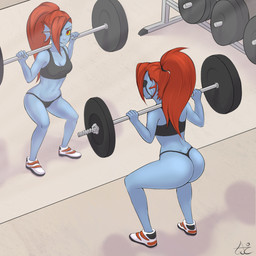 big_butt blue_body blue_skin bra breasts butt clothed clothing crouching exercise eye_patch eyewear female fin gym hair holding_barbell holding_object long_hair ponytail red_hair smile solo thong underwear weightlifting workout aimochan undertale undertale_(series) undyne animal_humanoid aquatic aquatic_humanoid fish fish_humanoid humanoid 1:1 hi_res