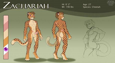 anthro big_penis brown_body brown_face brown_fur brown_hair brown_markings brown_spots brown_stripes butt fur genitals hair male markings nude penis purple_eyes scar solo spots stripes tail kittydee zachariah_(velocitycat) cheetah felid feline mammal