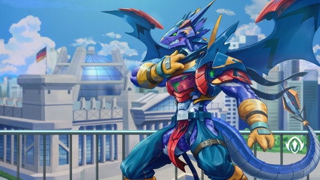 anthro armor bottomwear clothing gloves handwear leg_belt loincloth male solo tail wings camokaryst bandai_namco digimon mangmuang_(character) arresterdramon digimon_(species) 16:9 4k absurd_res hi_res widescreen
