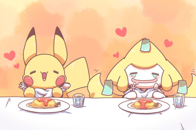 ambiguous_gender bodily_fluids container cup cutlery drooling duo food fork heart_symbol kitchen_utensils napkin open_mouth orange_background red_cheeks saliva simple_background spoon tongue tools water nettsuu nintendo pokemon generation_1_pokemon generation_3_pokemon humanoid jirachi legendary_pokemon pikachu pokemon_(species) 2017