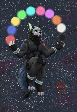 anthro blue_body blue_fur bone claws clothed clothing feet fur glowing glowing_eyes male orbs skull skull_head solo space tail jeri_kleinlowe canid canine canis mammal wolf 2025 colored dated hi_res