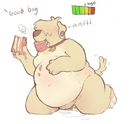anthro cake collar collar_only dessert eating feederism food genitals hair hair_over_eyes holding_food holding_object kneeling male micropenis nude offscreen_character overweight overweight_anthro overweight_male penis simple_background small_penis solo tail tail_motion tailwag text weight_gain white_background fat_labcor canid canine canis domestic_dog mammal english_text hi_res