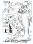 anthro bottomless clothed clothing dialogue dipstick_ears ear_markings ellipsis exclamation_point feet group male multicolored_ears open_clothing open_topwear open_vest text toeless_(marking) topwear vest flinters duncan_roo flinters_(character) canid canine fox kangaroo macropod mammal marsupial 2007 comic english_text monochrome