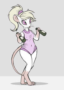 4_fingers accessory anthro beverage biped blonde_hair bottle buckteeth clothing container digitigrade eyebrows eyelashes feet female fingers hair hair_accessory hair_tie holding_beverage holding_bottle holding_container holding_object leotard navel_outline nipple_outline purple_eyes purple_sclera simple_background smile solo standing tail teeth thin_tail toes wine_bottle lonelyworld pawkaf mammal mouse murid murine rodent full-length_portrait portrait
