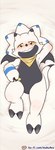 anthro bedding bedding_background blush dakimakura grin horn kerchief looking_at_viewer lying male neckerchief neckwear on_back smile solo suggestive_pose text white_body wings yellow_eyes maku4es bandai_namco digimon digimon_(species) gammamon scalie absurd_res hi_res url