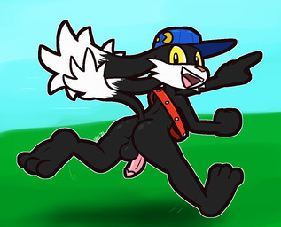 3_toes anthro balls belt black_balls black_body black_fur black_perineum blue_clothing blue_hat blue_headwear butt casual_nudity clothing cute_fangs dipstick_ears dipstick_tail ear_markings fangs feet fur genitals gesture glans hand_gesture hat headgear headwear humanoid_genitalia humanoid_penis long_ears male markings mostly_nude motion_lines multicolored_ears open_mouth orange_nose penis perineum pink_glans pink_penis pointing pupils red_belt running smile solo tail tail_markings tail_tuft teeth toes tuft white_body white_fur yellow_eyes ultilix bandai_namco klonoa_(series) klonoa domestic_cat felid feline felis hybrid lagomorph leporid mammal rabbit 2026
