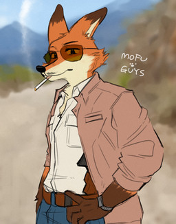 alternate_species anthro belt bottomwear brown_body brown_fur cigarette clock clothing denim denim_bottomwear denim_clothing eyewear fur hand_on_hip holstered_pistol jeans looking_at_viewer male orange_body orange_fur outside pants shirt smoke smoking smoking_cigarette solo standing sunglasses topwear watch wristwatch mofu_guys narcos the_wild_robot fink_(the_wild_robot) javier_pena_(narcos) canid canine fox mammal red_fox true_fox