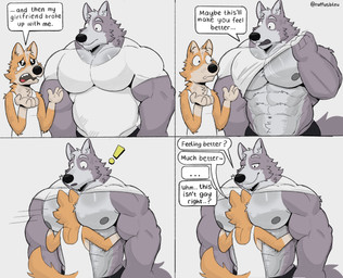 abs answer anthro big_muscles big_pecs black_nose clothed clothing dialogue duo ellipsis exclamation_point eyebrows face_on_chest grey_background larger_male male muscular muscular_anthro muscular_male navel nipples open_mouth pecs question question_mark questioning_ellipsis raised_clothing raised_shirt raised_topwear shirt simple_background size_difference smaller_male smile speech_bubble standing tank_top teeth text topwear ruffusbleu nintendo star_fox fox_mccloud wolf_o'donnell canid canine canis fox mammal wolf comic english_text hi_res