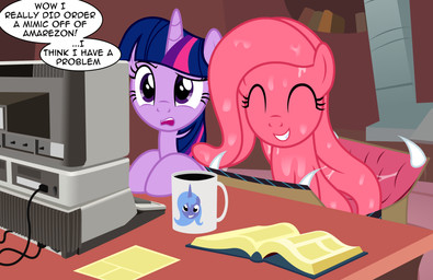 apple_computer basement beverage bodily_fluids book box coffee coffee_cup coffee_mug computer confusion container cup desk dialogue drooling duo electronics eyes_closed fangs female feral furniture grin horn laboratory open_mouth paper saliva sitting smile table teeth text badumsquish amazon.com apple_iii apple_inc. friendship_is_magic hasbro my_little_pony mythology amy_zon_(oc) fan_character princess_luna_(mlp) twilight_sparkle_(mlp) equid equine horse mammal mimic monster mythological_creature mythological_equine pony unicorn 2020 english_text hi_res