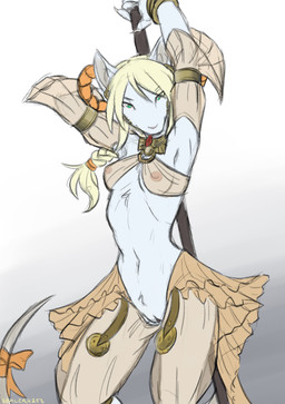 accessory anthro blonde_hair braided_hair braided_ponytail breasts chest_tuft clothed clothing female fur furgonomics genitals green_eyes hair harem_outfit looking_at_viewer melee_weapon mostly_nude nipples polearm ponytail ribbons skimpy slim solo spear standing tail tail_accessory tail_ribbon translucent translucent_clothing tuft vulva weapon white_body white_fur sealer4258 final_fantasy final_fantasy_ix square_enix freya_crescent burmecian mammal murid murine rat rodent absurd_res hi_res