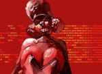 anthro big_breasts black_nose breasts clothed clothing collar female grin lips lipstick makeup partially_clothed puffy_hair red_background shadow showing_teeth simple_background smile solo standing text brothersmiler canid canine canis domestic_dog mammal 2024 english_description english_text