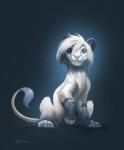ailah ambiguous_gender blue_body blue_eyes blue_fur cho_(choiicho) felid feral feral_with_hair fur grey_background hair hi_res lion mammal pantherine simple_background sitting solo surprise white_body white_fur white_hair young young_feral