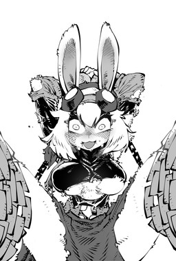 anthro areola areola_outline belt belt_buckle big_areola big_breasts blank_stare blush blush_lines bodily_fluids bottomwear bound breasts buckle chain chained chest_tuft cleavage clothed clothing eyelashes eyewear eyewear_on_head female goggles goggles_on_head hair hands_behind_head loincloth long_ears low-angle_view nipple_outline open_mouth raised_arms short_hair solo spread_legs spreading sweat sweatdrop sweater thick_eyelashes tight_clothing topwear torn_clothing torn_topwear tuft turtleneck under_boob ssambatea sneaky_bun_(niking) lagomorph leporid mammal rabbit hi_res monochrome sketch