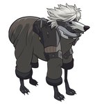 2022 absurd_res angusburgers anthro armor canid canine canis clothed clothing cybernetic_body cybernetics cyborg domestic_dog feral hair hi_res konami machine male mammal meme metal_gear parody raiden_(metal_gear) scrungo simple_background solo teeth white_background white_hair