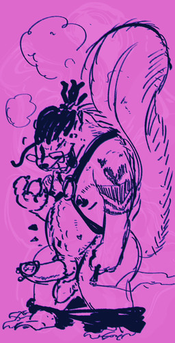 anthro arm_tattoo balls biped black_bottomwear black_clothing black_hair bottomwear bottomwear_down clothed clothing dreadlocks drugs erection eyewear fluffy fluffy_tail genital_piercing genitals glasses hair harness laugh long_tail male marijuana overweight pants pants_down partially_clothed penis penis_piercing piercing ponytail smoke smoking smoking_marijuana solo standing substance_intoxication tail tattoo thick_thighs kobold_orion mammal mephitid skunk digital_drawing_(artwork) digital_media_(artwork) full-length_portrait hi_res pink_theme portrait sketch