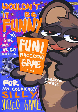 4_fingers advertisement ambiguous_gender anthro black_body black_fur black_nose cheese cute_fangs dairy_products facial_markings fangs fingers food front_view fur gesture grey_body grey_fur half-closed_eyes hand_gesture head_markings heart_eyes heart_symbol looking_at_viewer markings mask_(marking) narrowed_eyes pointing shitpost solo talking_to_viewer tan_body tan_fur tan_inner_ear teeth text nahyon funi_raccoon_game domestic_cat felid feline felis mammal procyonid raccoon 2026 english_text hi_res meme promotional_material