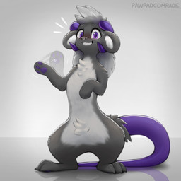 bodily_fluids gesture handpaw horn looking_at_viewer male nervous nervous_sweat paws semi-anthro smile solo standing sweat waving conditional_dnp pawpadcomrade zeta_(pawpadcomrade) lumilott 1:1