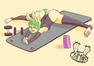 3_toes 4_fingers anatomically_inaccurate anatomically_inaccurate_pawpads anthro armwear big_ears bodily_fluids bodysuit bottle buckteeth butt clothed clothing container dumbbell exercise exercise_mat eyebrow_piercing facial_piercing feet fingers floor_mat green_hair hair legwear lip_piercing logo long_hair male open_mouth pawpads paws piercing pink_nose pink_pawpads rabbit_ears scut_tail short_tail simple_background skinsuit snakebite_piercing solo stirrup_legwear stretching sweat tail teeth text thigh_highs tight_clothing toes tongue water_bottle weights workout jstminty minty_(jstminty) lagomorph leporid mammal rabbit absurd_res digital_drawing_(artwork) digital_media_(artwork) english_text hi_res watermark