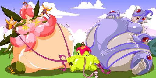 belly belly_expansion belly_inflation big_belly body_inflation expansion female female/female group hose hose_in_mouth inflation liquid_inflation penetration spherical_inflation tentacle_in_vagina tentacle_penetration tentacles trio vaginal vaginal_penetration water_inflation drgnalexia bandai_namco digimon digimon_(species) humanoid lillymon palmon ranamon