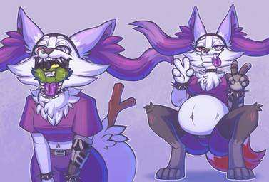 4_fingers 4_toes 5_fingers ambiguous_anthro ambiguous_gender ambiguous_prey anthro anthro_pred anthro_prey barefoot belt biped black_belt black_body black_fur black_hairband black_nose bodily_fluids bottomwear bracelet breasts cheek_tuft clenched_teeth clothed clothed_anthro clothed_female clothing collar crouching digitigrade dipstick_tail double_v_sign duo eyebrows eyelashes facial_piercing facial_tuft fangs feet feet_first female female_anthro female_pred fingers fluffy fluffy_tail fully_inside fur gesture green_body green_fur grey_body grey_fur grey_nose grin half-closed_eyes hand_gesture heterochromia in_mouth inner_ear_fluff jewelry markings medium_breasts midriff multicolored_body multicolored_ears multicolored_fur narrowed_eyes navel navel_piercing navel_ring neck_bulge nose_piercing nose_ring object_in_tail one_eye_closed open_mouth oral_vore piercing prosthetic prosthetic_arm prosthetic_limb pupils purple_background purple_body purple_bottomwear purple_clothing purple_ears purple_eyes purple_fur purple_inner_ear_fluff purple_shirt purple_shorts purple_tail purple_tongue purple_topwear red_body red_eyes red_fur red_tail red_tail_tip ring_piercing saliva saliva_on_face saliva_on_tongue sharp_teeth shirt shorts simple_background slit_pupils smile spiked_bracelet spiked_collar spikes stick stick_in_tail tail tail_markings teeth toes tongue tongue_out topwear tuft two_tone_body two_tone_ears two_tone_fur two_tone_tail v_sign vore white_body white_ears white_eyebrows white_fur yellow_eyes bluestripedrenulian nintendo pokemon clan_(ladybird74) braixen canid canine domestic_cat felid feline felis generation_6_pokemon mammal pokemon_(species) shiny_pokemon 2026 hi_res sequence male_(lore)