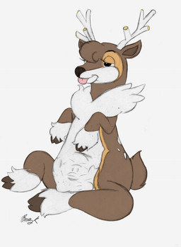ambiguous_gender antlers belly black_eyes brown_arms brown_body brown_ears brown_legs brown_tail duo feral horn simple_background struggling struggling_prey tail vore white_antlers white_background white_belly bunearyk deer domestic_pig mammal suid suine sus_(pig) hi_res