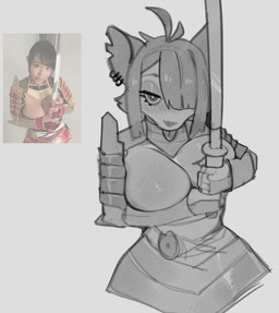 anthro armor big_breasts breast_squish breasts ear_piercing ear_ring eyelashes female female_anthro front_view glistening glistening_eyelids glistening_hair grey_background hair hair_over_eye half-closed_eyes high-angle_view holding_melee_weapon holding_object holding_sword holding_weapon looking_at_viewer melee_weapon narrowed_eyes notched_ear one_eye_obstructed piercing pose ring_piercing samurai_armor simple_background solo squish sword unconvincing_armor weapon samma kaho_shibuya mammal murid murine rat rodent 2025 digital_drawing_(artwork) digital_media_(artwork) half-length_portrait portrait reference_image