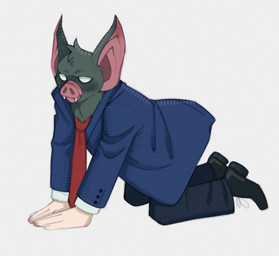 all_fours biped black_clothing black_footwear black_shoes clothed clothing footwear for_a_head grey_background humanoid_hands male necktie red_necktie shoes simple_background solo white_background white_eyes lensmileart dispatch sonar_(dispatch) animal_head animal_humanoid bat humanoid mammal 2025 colored digital_drawing_(artwork) digital_media_(artwork) hi_res shaded