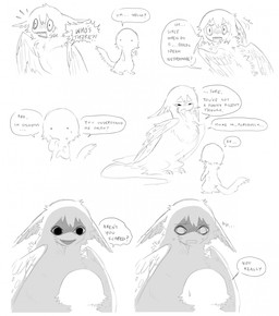 ambiguous_gender black_eyes blush blush_lines bodily_fluids dialogue dot_eyes duo feathered_wings feathers feral fluffy fluffy_tail gesture hair looking_back mouthless neck_tuft nervous nervous_sweat noseless open_mouth open_smile scaring semi-anthro sharp_teeth simple_background simple_eyes sitting smile solid_circle_eyes speech_bubble surprised sweat tail talking_to_another teeth text tuft waving waving_hand white_background white_body wings jejejunum european_mythology greek_mythology mythology wither_(jejejunum) avian fraid_(species) harpy mythological_avian mythological_creature nethermare 2026 comic digital_media_(artwork) english_text firealpaca_(artwork) greyscale hi_res monochrome shaded