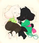 anthro blush cuddling daww duo eyes_closed eyewear feet glasses hand_holding heads_together horn male open_mouth pillow sleeping sleeping_together young young_anthro threek deltarune undertale undertale_(series) asriel_dreemurr ralsei boss_monster_(undertale) bovid caprine goat mammal absurd_res hi_res