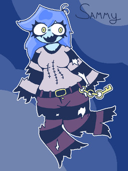 blue_body blue_hair blue_skin clothed clothing fully_clothed hair pattern_clothing simple_background striped_clothing stripes torn_clothing dimsun sammy_(dimsun) ghost humanoid spirit 3:4