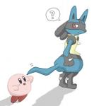 ambiguous_gender anthro black_body black_fur blue_body blue_fur duo fur pink_body question_mark simple_background white_background sikai kirby_(series) nintendo pokemon kirby generation_4_pokemon lucario pokemon_(species) waddling_head crossover low_res