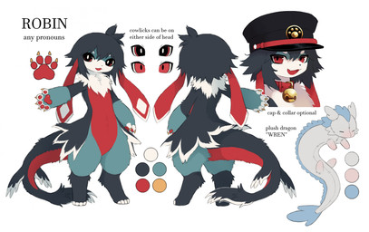 ambiguous_anthro ambiguous_gender anthro bell bell_collar belly black_clothing black_hat black_headwear blue_body blue_fur blue_hair blue_tail claws clothing collar countershading cowlick feathered_tail feathers feet fingerless_(marking) floppy_ears fur hair hat headgear headwear kemono leg_markings lop_ears markings multicolored_body multicolored_fur multicolored_tail neck_tuft officer_cap open_mouth open_smile pawpads plushie pupils red_belly red_body red_collar red_countershading red_eyes red_pawpads red_tail red_tongue smile socks_(marking) solo tail teal_body teal_fur text toeless_(marking) tongue tuft white_body white_countershading white_fur white_pupils yellow_claws jejejunum mythology robin_(jejejunum) canid canine dragon eastern_dragon furred_dragon furred_scalie hybrid mammal mythological_creature mythological_scalie scalie 2025 digital_drawing_(artwork) digital_media_(artwork) english_text full-length_portrait hi_res model_sheet multiple_images portrait