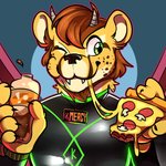 anthro beard beverage brown_hair claws clothed clothing facial_hair finger_claws food glistening glistening_clothing green_eyes hair holding_beverage holding_food holding_object horn jewelry latex looking_at_viewer male necklace one_eye_closed pizza root_beer soda solo wings foolypoly undertale undertale_(series) krilinus_sixus cheetah felid feline hybrid mammal 1:1 icon