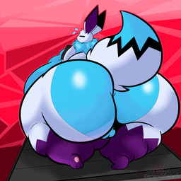 anthro balls belly big_belly big_butt black_body black_fur blue_body blue_fur butt eyes_closed feet fur genitals gloves_(marking) huge_butt huge_thighs leg_markings male markings nude nude_anthro nude_male overweight overweight_male purple_body purple_fur red_background simple_background socks_(marking) solo sweatdrop_(iconography) thick_thighs treadmill white_body white_fur cirothicc nintendo pokemon ciro_(cirothicc) eevee generation_1_pokemon pokemon_(species) 1:1 2021 absurd_res hi_res