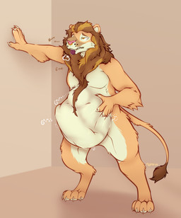 abdominal_bulge anthro belly belly_grab big_belly digestion digestion_noises leaning_on_wall male male_pred onomatopoeia oral_vore rumbling_stomach simple_background solo sound_effects stomach_ache tail text tongue tongue_out upset_stomach vore makar-ro felid lion mammal pantherine absurd_res hi_res