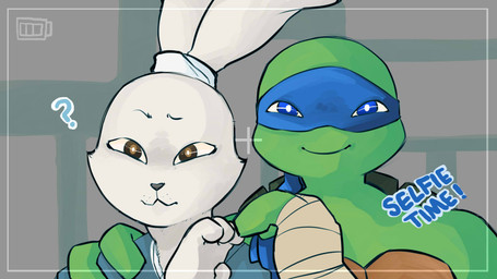 anthro blue_eyes brown_eyes camera camera_view duo heart_symbol question_mark romantic romantic_couple selfie snicky-snack teenage_mutant_ninja_turtles usagi_yojimbo leonardo_(tmnt) miyamoto_usagi lagomorph leporid mammal rabbit reptile scalie turtle 16:9 crossover widescreen