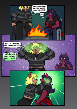 anthro beverage big_breasts blep blush bottomwear breasts campfire clothing crop_top denim denim_bottomwear denim_clothing dialogue duo eyes_closed female female/female flannel floppy_ears glowing glowing_eyes jeans jewelry magic open_mouth pants pog_face shirt shocked smug speech_bubble sweater tongue tongue_out topwear commanderthings commander_(commanderthings) mattie_(meanmetal) belgian_tervuren canid canine fox mammal comic hi_res