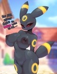 absurd_res anthro anthrofied areola ashraely big_areola big_breasts big_nipples black_body black_fur black_nipples blurred_background blush bodily_fluids breasts canid canine curvy_figure cute_fangs dialogue digital_media_(artwork) eeveelution english_text female fur generation_2_pokemon genitals glistening glistening_body hi_res huge_breasts innie_pussy looking_at_viewer mammal navel navel_line nintendo nipples nude nude_female open_mouth outdoor_nudity outside pokemon pokemon_(species) pokemorph public public_nudity pussy red_sclera simple_background smile solo standing talking_to_viewer text thick_thighs tongue umbreon voluptuous wide_hips