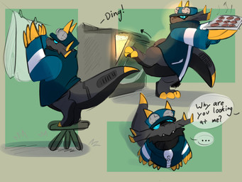 3_fingers 3_toes anthro baseball_cap black_body black_fur black_scales blue_eyes claws clothing cookie cooking ellipsis feet finger_claws fingers food fur glowing glowing_eyes hat headgear headwear looking_up male scales solo speech_bubble text toe_claws toes washing_clothes kingkuga bandai_namco digimon mythology briggsy_(kingkuga) digimon_(species) dragon mythological_creature mythological_scalie scalie english_text hi_res