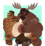 anal_hair anthro antlers anus balls big_balls big_butt bodily_fluids body_hair brown_body butt chest_hair dripping duo fisting genital_fluids genitals hair hairy_balls horn huge_balls huge_butt hyper hyper_balls hyper_butt hyper_genitalia leaking_precum male male/male muscular muscular_anthro muscular_arms muscular_male nipple_piercing nipples penetration piercing precum precum_drip precum_string stripes ghangaji dakota_silver moosedad_(largelurker) deer felid mammal moose new_world_deer prehistoric_species saber-toothed_tiger hi_res