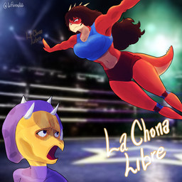 alternate_costume anthro big_breasts biped black_bottomwear black_clothing black_shorts blue_bra blue_clothing blue_underwear blurred_background bottomwear bra breasts brown_hair clothed clothed_anthro clothed_female clothing detailed_background duo facial_horn female fighting_ring frill_(anatomy) frown hair head_turned horn imminent_attack inside long_hair looking_at_another looking_down looking_up markings navel nervous non-mammal_breasts non-mammal_navel open_frown open_mouth orange_body purple_body purple_eyes shorts spiked_tail spikes spikes_(anatomy) sports_bra spots spotted_markings spread_arms tail tan_body text underwear wrestling anfitrionaaa goodbye_volcano_high ko_op_(game_developer) rosa_(gvh) trish_(gvh) aquilops ceratopsian ceratopsid chasmosaurine dinosaur marginocephalian ornithischian prehistoric_species reptile scalie triceratops 1:1 2025 absurd_res artist_name colored hi_res shaded spanish_description spanish_text