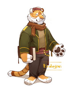 anthro black_bottomwear black_clothing black_pants black_pawpads bottomwear brown_body brown_fur brown_scarf cheek_tuft closed_smile clothed clothing countershading eyes_closed facial_tuft front_view fur green_clothing green_jacket green_topwear jacket male mouth_closed orange_body orange_fur pants pawpads scarf shadow simple_background smile solo standing tan_clothing tan_topwear topwear tuft unsigned white_background white_body white_fur asnnonaka babrjan_(asnnonaka) felid mammal pantherine tiger full-length_portrait hi_res portrait