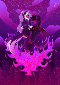 anthro armwear butt city city_background cityscape clothing collar dreadlocks duo female fire glowing glowing_eyes heart_symbol holidays hug love loving_gaze male male/female scarf tail tonibienmonii hellaverse helluva_boss mythology valentine's_day loona_(helluva_boss) quest_(zylo24) canid canid_demon canine demon hellhound human hybrid mammal mythological_canine mythological_creature absurd_res hi_res