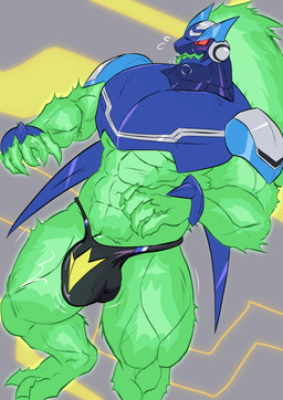 abs anthro armor big_muscles bulge clothing cybernetics detailed_bulge electronics genitals glowing glowing_body glowing_eyes glowing_genitalia green_body machine male muscular muscular_anthro muscular_male penis penis_base red_eyes solo tongue underwear geryorias capcom mega_man_(series) mega_man_star_force omega-xis alien cyborg em_being absurd_res hi_res