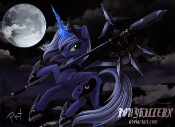 axe battle_axe blue_body blue_feathers blue_hair cloud cutie_mark fantasy_weapon feathered_wings feathers female feral glowing hair horn long_hair looking_at_viewer magic magic_user melee_weapon moon night outside solo text weapon wings ponykillerx friendship_is_magic hasbro my_little_pony mythology princess_luna_(mlp) equid equine mammal mythological_creature mythological_equine winged_unicorn 2015 hi_res signature url