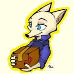 anthro black_nose blue_eyes box claws clothed clothing container fur holding_object simple_background solo tan_background tan_body tan_fur marema_kishin disney zootopia skye_(zootopia) arctic_fox canid canine fox mammal true_fox 1:1 2018 digital_media_(artwork) signature