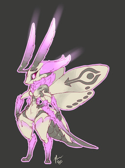 antennae_(anatomy) anthro arthropod_abdomen breasts claws digitigrade female grey_background hand_on_hip multi_arm multi_limb neck_tuft non-mammal_breasts nude pink_eyes red_sclera simple_background small_waist solo tuft wide_hips wings pixel-butts arthropod insect lepidopteran moth absurd_res hi_res