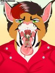 anthro duo female female_pred green_eyes imminent_oral_vore imminent_vore in_mouth macro male male/female micro open_mouth teal_eyes tongue tongue_out uvula conditional_dnp thaismotosuwa claire_felicitous_(calidan) elon_flow_(calidan) caracal caracal_(genus) felid feline mammal southern_grasshopper_mouse 3:4 absurd_res hi_res