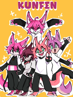 4_fingers anthro eyes_closed fingers flower fur gesture group grumpy hair hand_gesture male multicolored_body multicolored_fur open_mouth open_smile outline pink_body pink_fur plant simple_background smile sunflower tongue v_sign white_outline kunfen canid canine fox mammal 3:4 hi_res