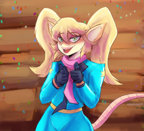 5_fingers anthro blonde_hair clothed clothing female finger_gun fingers fully_clothed gesture gloves green_eyes hair hand_gesture handwear jacket long_tail looking_at_viewer open_mouth open_smile pointing pointing_at_viewer ponytail scarf smile solo standing tail teeth topwear deadassspider activision crash_bandicoot_(series) crash_team_racing_(series) crash_team_racing_nitro-fueled pasadena_o'possum american_opossum mammal marsupial virginia_opossum colored hi_res shaded